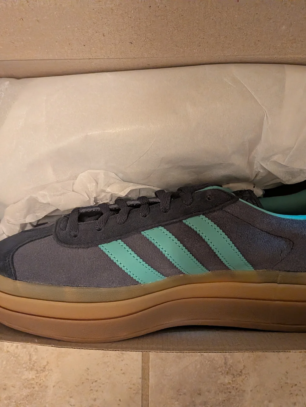 adidas Gazelle Women’s Grey and Teal Platform Sneakers